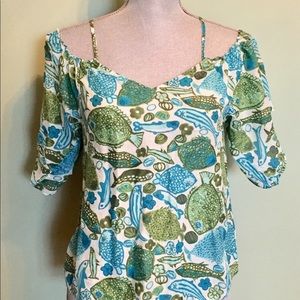 Anthropologie Green and Blue Patterned Blouse
